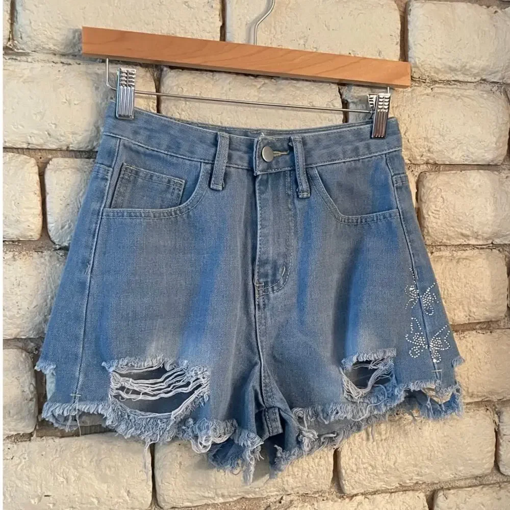 Jessica Jeans Distressed Blue Denim Shorts Size XS‎